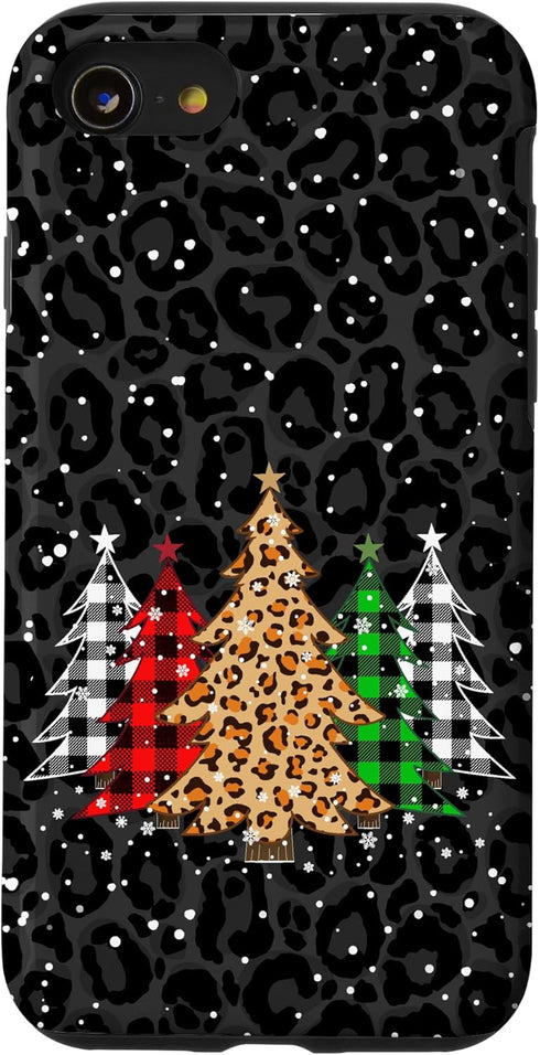 iPhone SE (2020) / 7 / 8 Christmas Trees with Plaid & Black Leopard Print Xmas Phone Case...