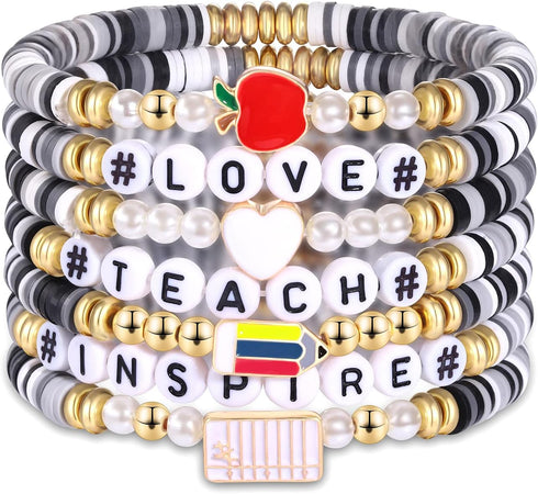FAERLIIRY Teacher Bracelets Preppy Beaded Bracelets Clay Heishi Stretch Bracelets for Woman Teach Love Inspire Bracelet Back To School Teacher App...