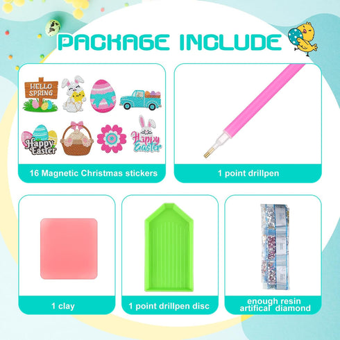 16 Pcs Easter Diamond Painting Magnets for Refrigerator Spring Diamond Art Magnets DIY Bunny Eggs Gnome Cross Flower Diamond Painting Kits Pink Ye...