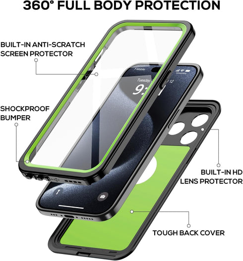 for iPhone 15 Pro Max Case Waterproof 6.1'', Full Protective Dustproof Shockproof Phone Case with Screen Protector for Apple iPhone 15 Pro Max (Gr...