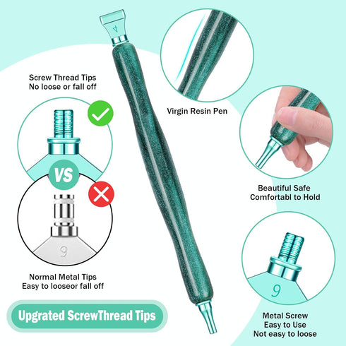 Snewvie Diamond Painting Pen Accessories Tools Set,3PCS Glitter Diamond Art Pen and 12Pcs Green Metal Screw Thread Multi Placer Tips,Resin Diamond...