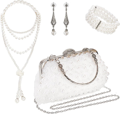 4 Pcs 1920s Pearl Jewelry Set, Include Beaded Pearl Clutch Bag with Chain, Dangle Faux Pearl Drop Earrings, Multi Strands Bracelet and Long Neckla...