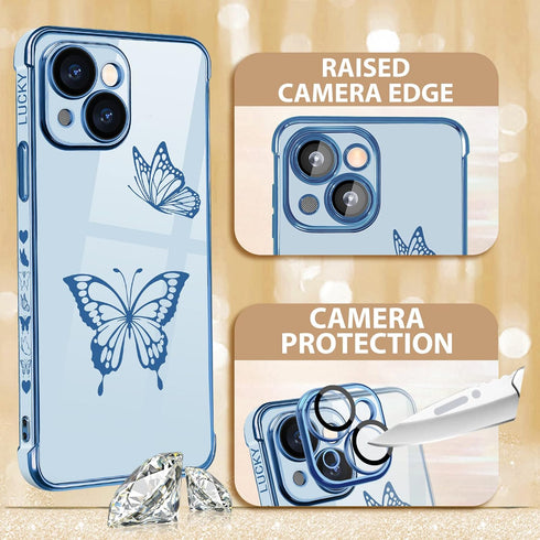 Petitian for iPhone 14 Case, Cute Women Girls Gold Butterflies Designed Phone Cases for iPhone 14, Girly Gold Plating Phone Cover for 14 with Came...