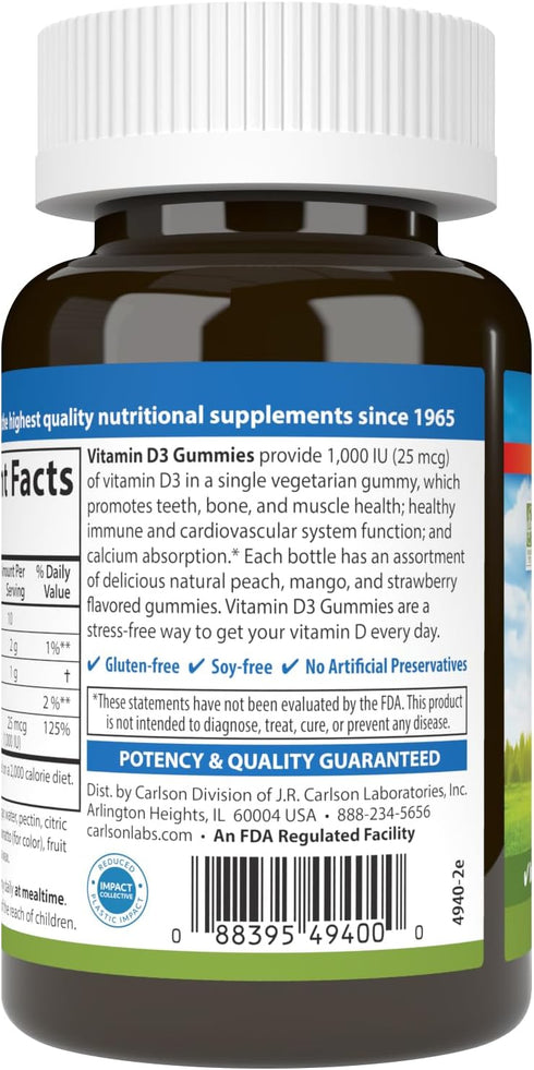 Carlson - Vitamin D3 Gummies, 1000 IU (25 mcg), Bone Health, Immune Support & Calcium Absorption, Natural Fruit Flavors, 60 Vegetarian Gummies...