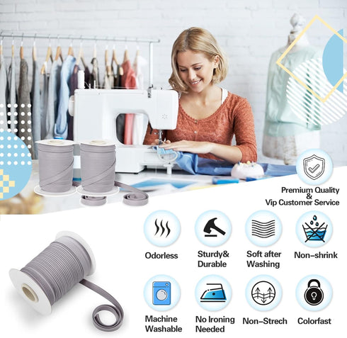 Tewadoo Bias Tape Double Fold 1/2 Inch - Gray 55 Yards Polyester Binding Tape for Sewing, Quilt Binding, Hemming, Seaming and Fabric Piping...