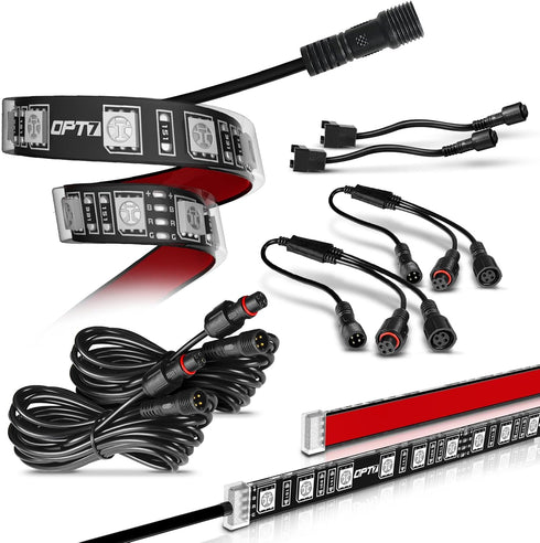 OPT7 Aura Single Row Expansion Pack - 2pc 12” RGB Multicolor LED Strips w/Splitters and Extension Wires for Interior, Wheel Well, Grille, Motorcyc...