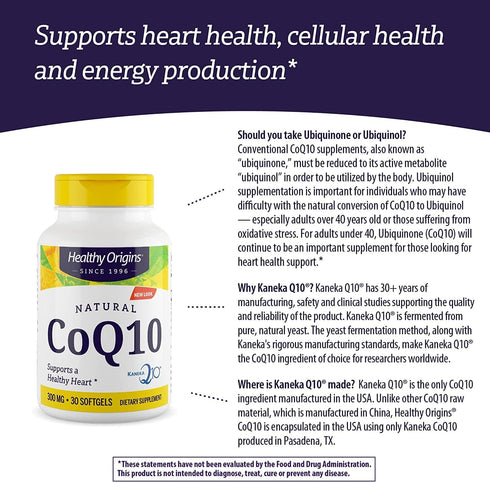 Healthy Origins CoQ10 (Kaneka Q10), 300 mg - Heart Health & Energy Supplement - Gluten-Free & Non-GMO Supplements - 30 Softgels...