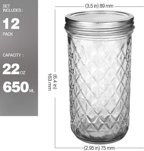 VERONES Wide Mouth Mason Jars 22oz, 12 Pack 22 oz Wide Mouth Mason Jars with Lids and Bands, Ideal for Jam, Honey, Wedding Favors, Shower Favors...