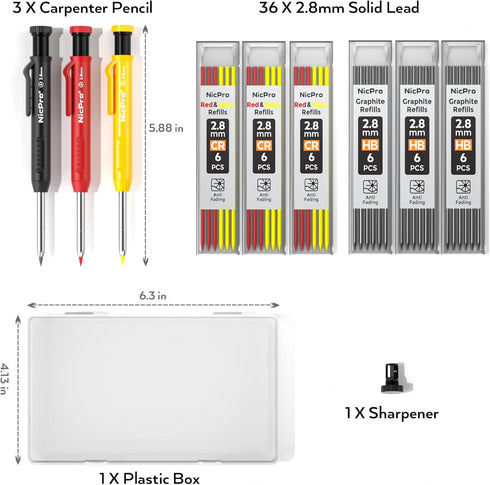 Nicpro 3 Pack Carpenter Pencil with Sharpener, Mechanical Carpenter Pencils with 39 Refills, Deep Hole Marker Construction Heavy Duty Woodworking ...