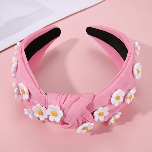 NVENF Flower Headbands for Women Spring Summer Floral Knotted Headbands Crystal Rhinestone White Pink Wide Top Knot Headband Beach Summer Hair Acc...