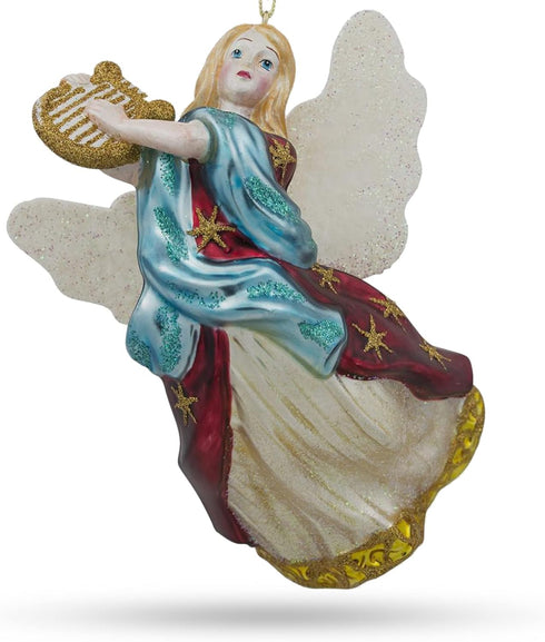Angel Playing Music on Harp Blown Glass Christmas Ornament...
