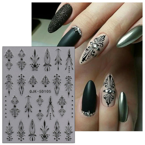 JMEOWIO 3D Embossed Black White Flower Nail Art Stickers Decals Self-Adhesive Pegatinas Uñas 5D Leaves Lace Nail Supplies Nail Art Design Decorati...