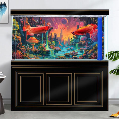 Colorful Galaxy Space Planet Aquarium Background, Waterfall Landscape Tapestry Fantasy Mountain Wave Wall Tapestry Mysterious Neon Plants Fish Tan...