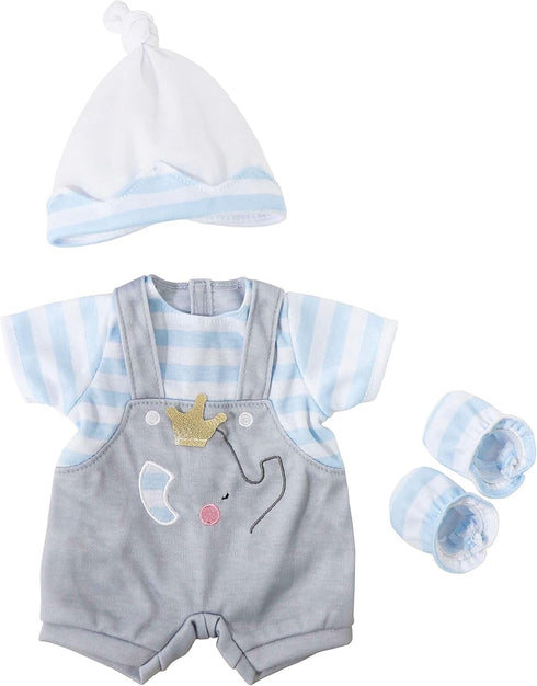 JC Toys | Berenguer Boutique | Baby Doll Outfit | Gray Overall Shorts with Blue Stripes | Includes Headband and Booties | Ages 2+ | Fits Dolls 14"...