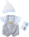 JC Toys | Berenguer Boutique | Baby Doll Outfit | Gray Overall Shorts with Blue Stripes | Includes Headband and Booties | Ages 2+ | Fits Dolls 14"...
