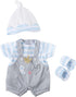 JC Toys | Berenguer Boutique | Baby Doll Outfit | Gray Overall Shorts with Blue Stripes | Includes Headband and Booties | Ages 2+ | Fits Dolls 14"...