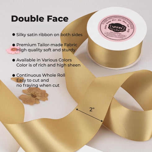VATIN Double Face New Gold Satin Ribbon 2" Continuous 25 Yards,Gold Polyester Fabric Ribbon use for Bows Bouquet, Gift Wrapping, Floral Arrangemen...