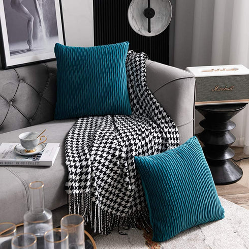 DEZENE Turquoise Throw Pillow Cases 22x22: 2 Pack Inch Original Striped Velvet Square Decorative Pillow Covers for Farmhouse Couch...