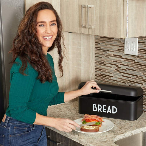 Home Basics Bread Box For Kitchen Countertop, Metal, (Black), Vented With Hinge Top | Large Bread Box | Keeps Loaves, Bagels, Croissants Fresh...
