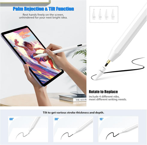 TiMOVO Stylus Pen for iPad, Apple Pencil USB C Fast Charge, Palm Rejection for 2018-2024 Apple iPad Pro 13/12.9/11'', iPad 10/9/8/7/6th Gen, iPad ...