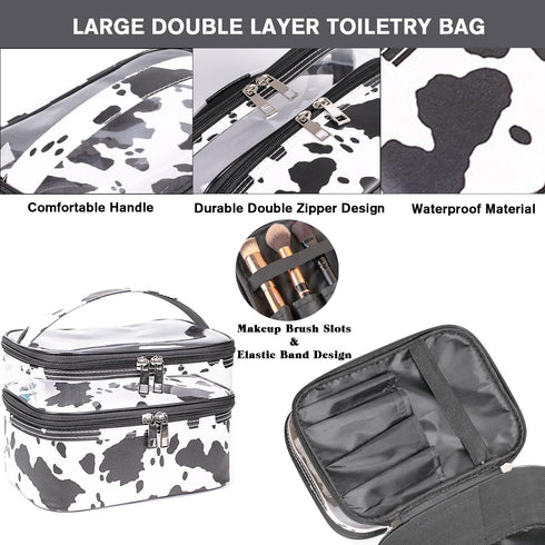 FITINI 3 Pieces Makeup Bags Double Layer Travel Large White Cows Cosmetic Cases Organizer Toiletry Bags Waterproof Small Zipper Pouch for Women Ma...