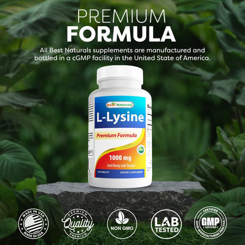 Best Naturals L-Lysine 1000mg 180 Tablets - Double Strength Lysine for stronger immune health & cold sores...