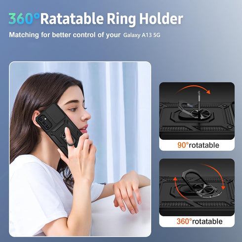 for Samsung Galaxy A55 5G Case with Slide Lens Cover HD Screen Protector, Military Grade Drop Protection, Magnetic Rotated Ring Holder Kickstand P...