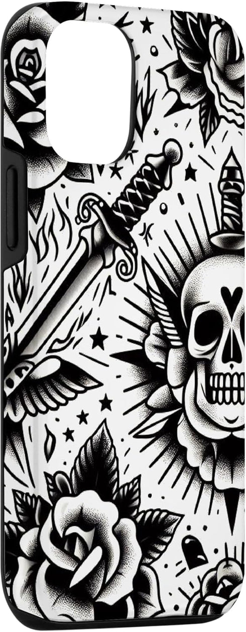 iPhone 15 Skull and Rose Old School Tattoo Style, American Traditional Case...