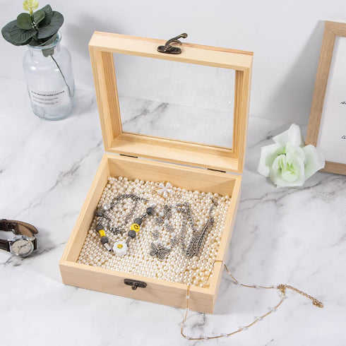 Unfinished Wooden Display Box with Glass Top Hinged Lid, Small Wood Keepsake Storage Box, DIY Craft Box for Collectibles Jewelry Gift and Home Dec...