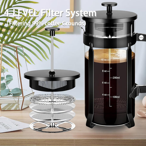 French Press Coffee Maker 304 Stainless Steel Coffee Press,with 4 Filters System, Heat Resistant Thickness Borosilicate French Press Glass, BPA-Fr...