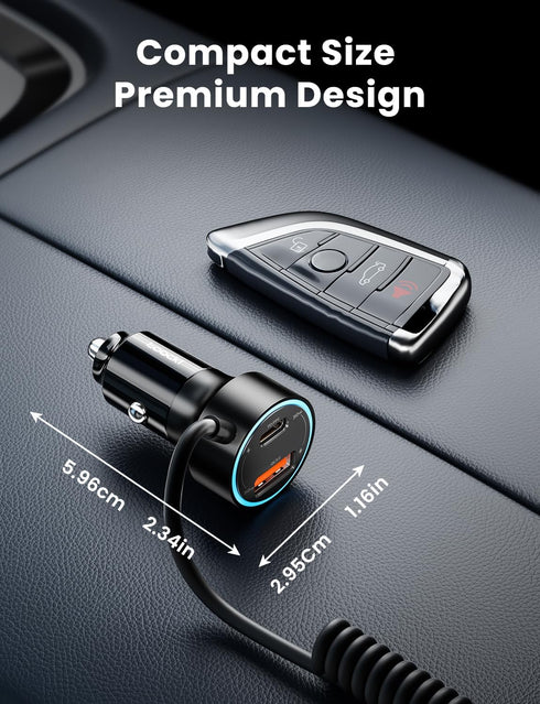 60W Car Charger USB C,toocki 3-Port Cigarette Lighter USB Charger PD & QC3.0 with 30W Type C Coiled Cable,Fast Car Charger Adapter for iPhone 15/P...