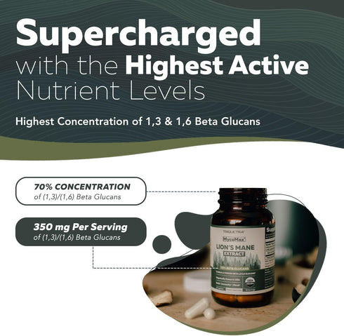 MycoMax Lions Mane Supplement - 70% Beta Glucans, Max Potency Organic Lions Mane Extract, US Grown + Ultrasonic Extraction - 500 mg serving - Supp...