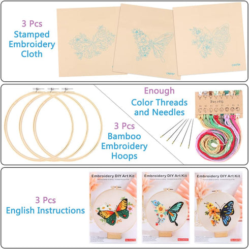 MIKIMIQI 3 Pack Embroidery Starter Kit with Pattern, Flowers Butterfly Stamped Embroidery Kit Including Embroidery Fabrics, Bamboo Hoops, Threads ...