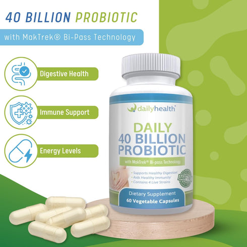 Daily Probiotic 40 Billion CFU MakTrek Bi-Pass Technology Digestion Immune Health 60 Veggie Capsules (1 Month Supply)...