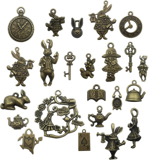 iloveDIYbeads 40pcs Antique Bronze Alice in Wonderland Fairy Tales Tea Party Steampunk Victorian Charms for Jewelry Making (M076)...