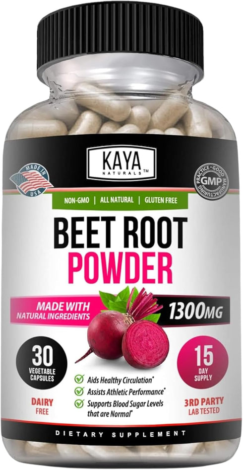 Kaya Naturals Premium Organic Beet Root Powder Supplements - Promotes Healthy Circulation and Nitric Oxide Flow - Non-GMO and Gluten Free - 30 Cou...