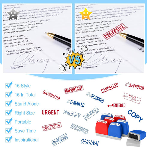 Crtiin 16 Pcs Office Stamp Set Message Self Inking Rubber Stamp Set for Office Stamps Completed Faxed Scanned Stamps for Office Message Supplies (...