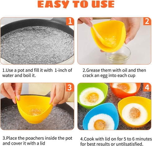 Egg Poacher - Poached Egg Cooker with Ring Standers, Food Grade Non Stick Silicone Egg Poaching Cup for Microwave or Stovetop Egg Poaching, with E...
