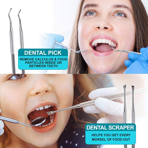 Dental Tools, 6-Pack Stainless Steel Teeth Cleaning Kit - Dental Scraper, Pick, Mouth Mirror, Tweezer for Dentist, Personal, Pets - Tartar & Plaqu...