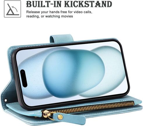 RANYOK Wallet Case for iPhone 15 Plus with Card Holder, Premium PU Leather with RFID Blocking Zipper Flip Folio Wallet Wrist Strap Magnetic Clasp ...