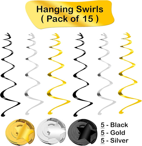 KatchOn, Black Gold and Silver Star Hanging Swirls- Pack of 30,No DIY | Black and Gold Party Decorations | Graduation Decor Class of 2025 | Gradua...