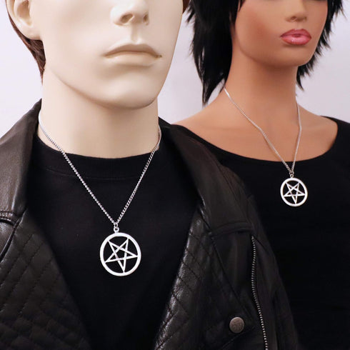 Inverted Pentacle Pentagram Satanic Polished Silver Finish Pendant Necklace...
