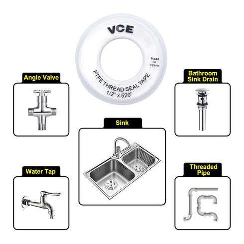 VCELINK PTFE Plumbers Tape 2-Pack, Industrial Water Sealant Thread Tape, 520" Length, 1/2" Width, Plumbing Teflon Tape for Shower Head and Pipe Th...