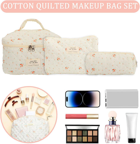 3Pcs Floral Quilted Makeup Bag, Aesthetic Makeup Bag Coquette Makeup Bag Set, Large Capacity Travel Cosmetic Bags for Women Girls (Flowers)...
