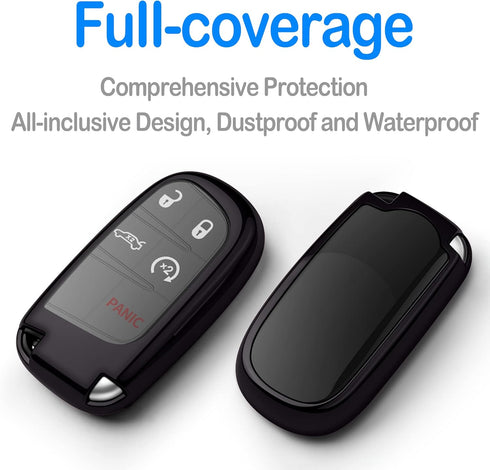 Compatible with Jeep Key Fob Cover with Leather Keychain Soft TPU Protection Key Case for Grand Cherokee Renegade Chrysler 200 300 Dodge RAM Duran...