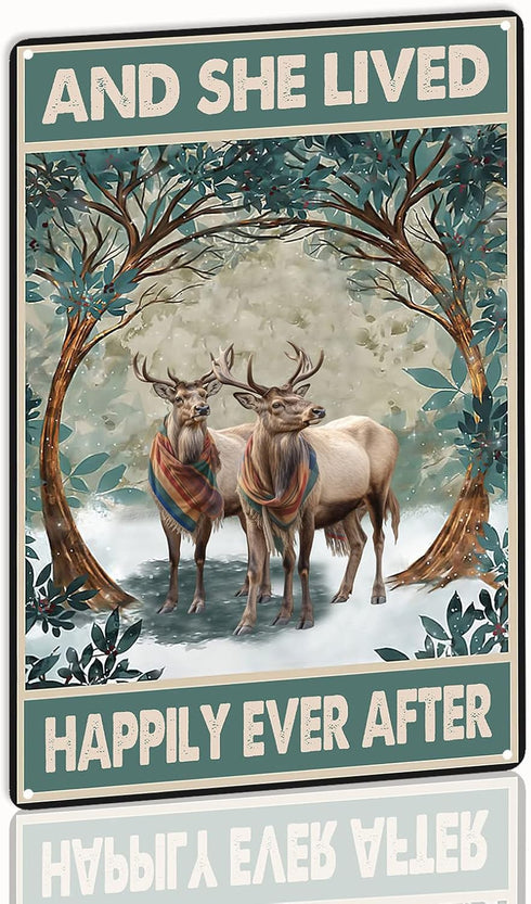 YLUYINOM Tin Sign Painting Two Elk And She Lived Happily Ever After Metal Tin Sign Farmhouse Yard Garden Man Cave Coffee Bar Decor 6X8 inch-Tin Pa...