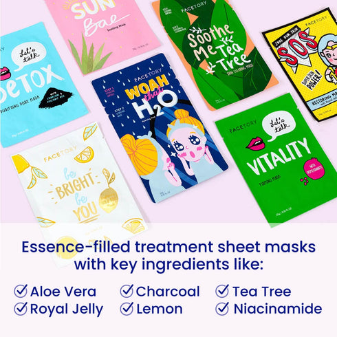 FACETORY Best of Seven Facial Masks Collection - Hydrate, Radiance Boost, Soothe, Revitalize, Nourish, Purify Skin - For All Skin Types, Variety P...