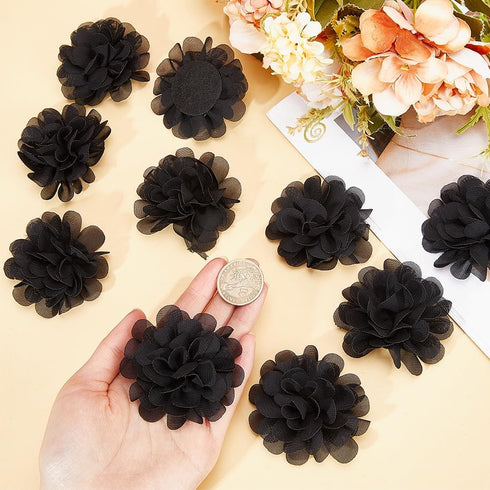 GORGECRAFT 12Pcs 3D Chiffon Flower Black Mesh Fabric Flowers Sewing Fabric Appliques Headband Embellishments Ornament Accessories Chiffon Lace Flo...