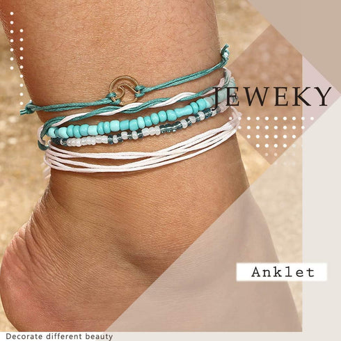 Boho Layered Turquoise Anklets Blue Ankle Bracelets Wax Rope Beach Foot Jewelry for Women...