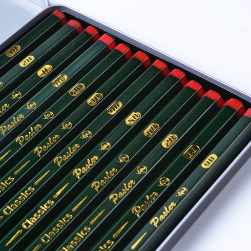 Pasler sketch graphite pencil set spanning 12 degrees (3H, 2H, H, HB, 2B, 3B, 4B, 5B, 6B, 7B, 8B, 9B) pre-sharpened pencils...
